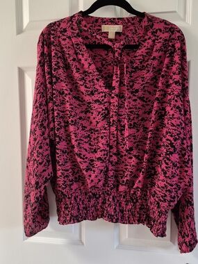 Michael Kors Hot Pink and Black  Tie-Neck Blouse Sz L